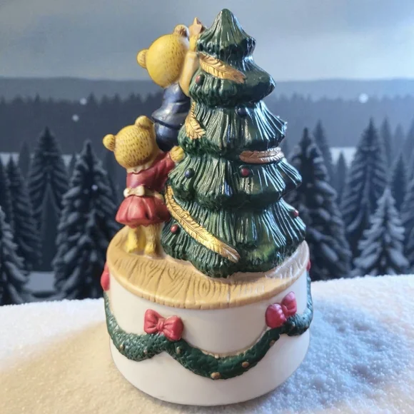 Vtg 96 Bears Decorating Christmas Tree We Wish... Christmas Wind Up Music Box - Picture 5 of 14